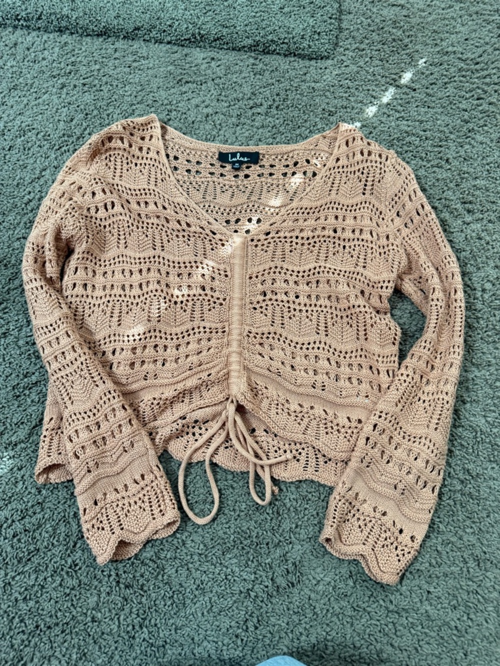 Lulu's Beige Crochet V-Neck Drawstring Sweater